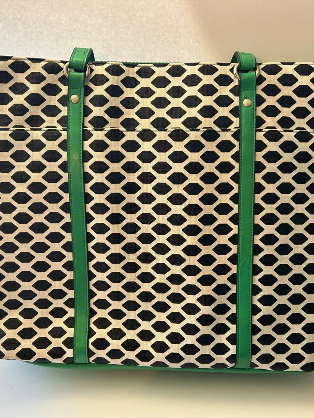 Bueno Geometric Tote Bag Black & White Print w/Green Trim Large Work Laptop Bag